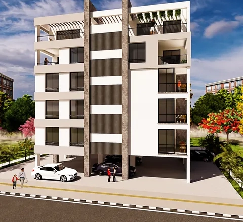 3D render of a 5-storey residential building in Canakkale, Famagusta with open balconies and ground-level parking