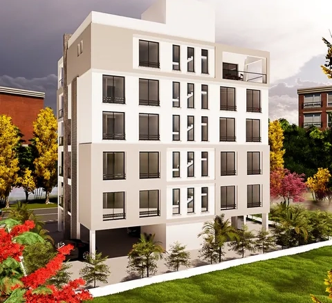 Back and side view of off-plan 2-bedroom apartment project in Canakkale, Famagusta with surrounding greenery