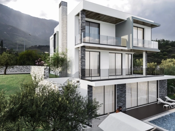 Images showcasing a modern 4-bedroom villa in Karmi, Kyrenia, including exterior architecture, stylish bedrooms, walk-in closet, and panoramic sea views from a hillside location.