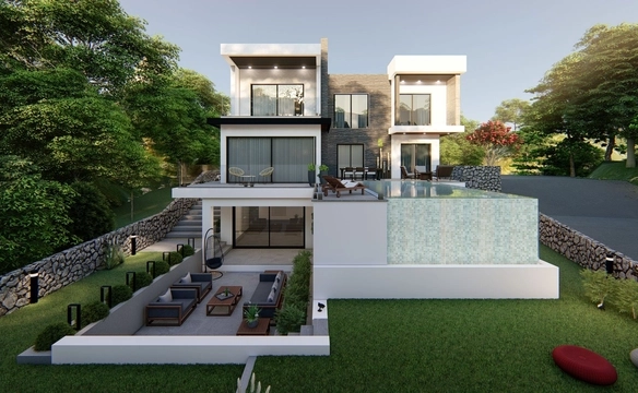 Images showcasing a modern 4-bedroom villa in Karmi, Kyrenia, including exterior architecture, stylish bedrooms, walk-in closet, and panoramic sea views from a hillside location.