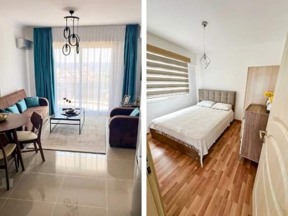 Modern 2-bedroom apartment in Long Beach, North Cyprus with sea views, fully furnished interiors, fitted kitchen, bright living room, two cozy bedrooms, and a private balcony overlooking the Mediterranean.