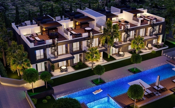 Modern 1-bedroom garden apartment in Spectra Project Lapta featuring stylish interior design, open-plan kitchen, spacious living area, and scenic mountain and pool views in North Cyprus.