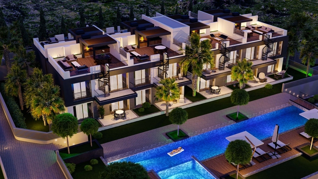 Modern 1-bedroom garden apartment in Spectra Project Lapta featuring stylish interior design, open-plan kitchen, spacious living area, and scenic mountain and pool views in North Cyprus.