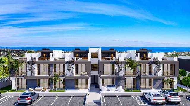 Modern 1-bedroom garden apartment in Spectra Project Lapta featuring stylish interior design, open-plan kitchen, spacious living area, and scenic mountain and pool views in North Cyprus.