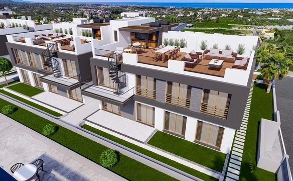 Modern townhouse Project in Lapta Kyrenia featuring stylish interior design, open-plan kitchen, spacious living area, and scenic mountain and pool views in North Cyprus.