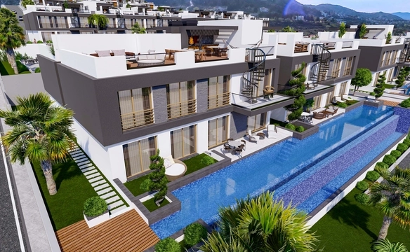 Modern townhouse Project in Lapta Kyrenia featuring stylish interior design, open-plan kitchen, spacious living area, and scenic mountain and pool views in North Cyprus.