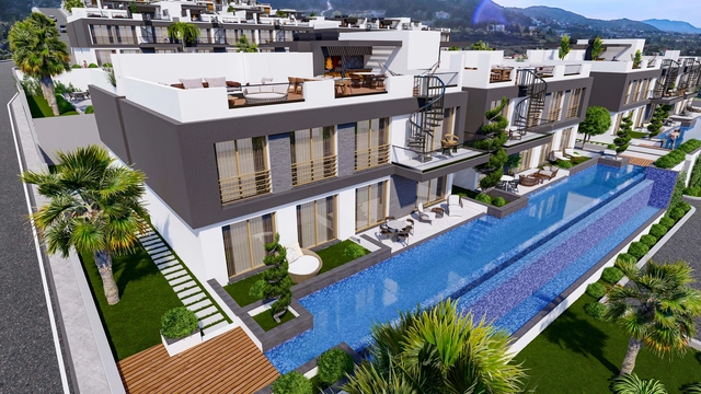 Modern townhouse Project in Lapta Kyrenia featuring stylish interior design, open-plan kitchen, spacious living area, and scenic mountain and pool views in North Cyprus.