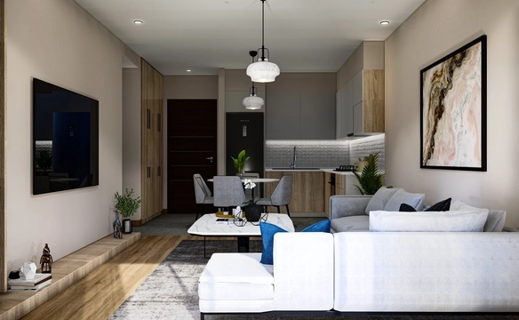 Modern townhouse Project in Lapta Kyrenia featuring stylish interior design, open-plan kitchen, spacious living area, and scenic mountain and pool views in North Cyprus.