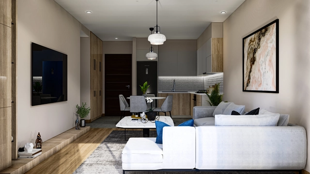 1_1 – photo.jpg1 Modern townhouse Project in Lapta Kyrenia featuring stylish interior design, open-plan kitchen, spacious living area, and scenic mountain and pool views in North Cyprus.