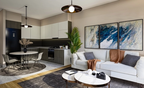 Modern 1-bedroom garden apartment in Spectra Project Lapta featuring stylish interior design, open-plan kitchen, spacious living area, and scenic mountain and pool views in North Cyprus.