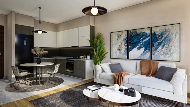 1_1+1 apart 1.jpg1 Modern 1-bedroom garden apartment in Spectra Project Lapta featuring stylish interior design, open-plan kitchen, spacious living area, and scenic mountain and pool views in North Cyprus.