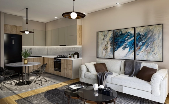 Modern 1-bedroom garden apartment in Spectra Project Lapta featuring stylish interior design, open-plan kitchen, spacious living area, and scenic mountain and pool views in North Cyprus.