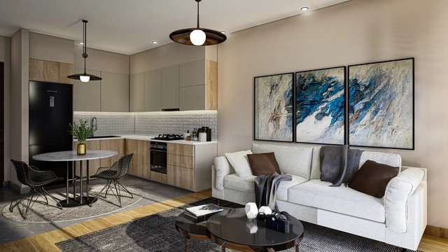 Modern 1-bedroom garden apartment in Spectra Project Lapta featuring stylish interior design, open-plan kitchen, spacious living area, and scenic mountain and pool views in North Cyprus.