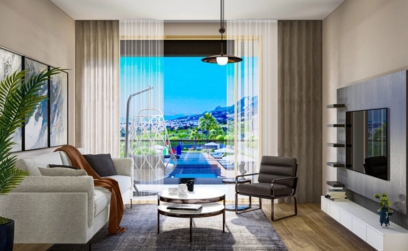 Modern 1-bedroom garden apartment in Spectra Project Lapta featuring stylish interior design, open-plan kitchen, spacious living area, and scenic mountain and pool views in North Cyprus.