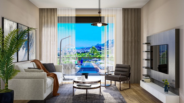 1_1+1 apart 2.jpg2 Modern 1-bedroom garden apartment in Spectra Project Lapta featuring stylish interior design, open-plan kitchen, spacious living area, and scenic mountain and pool views in North Cyprus.
