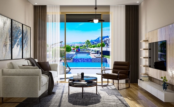 Modern 1-bedroom garden apartment in Spectra Project Lapta featuring stylish interior design, open-plan kitchen, spacious living area, and scenic mountain and pool views in North Cyprus.