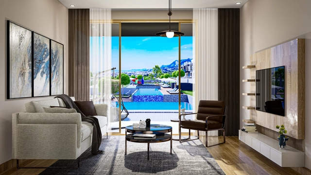 Modern 1-bedroom garden apartment in Spectra Project Lapta featuring stylish interior design, open-plan kitchen, spacious living area, and scenic mountain and pool views in North Cyprus.