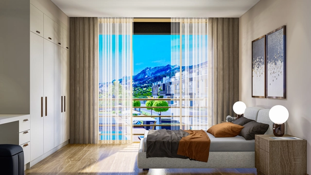 1_1+1 apart 3.jpg3 Modern 1-bedroom garden apartment in Spectra Project Lapta featuring stylish interior design, open-plan kitchen, spacious living area, and scenic mountain and pool views in North Cyprus.