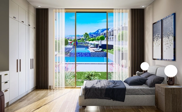 Modern 1-bedroom garden apartment in Spectra Project Lapta featuring stylish interior design, open-plan kitchen, spacious living area, and scenic mountain and pool views in North Cyprus.