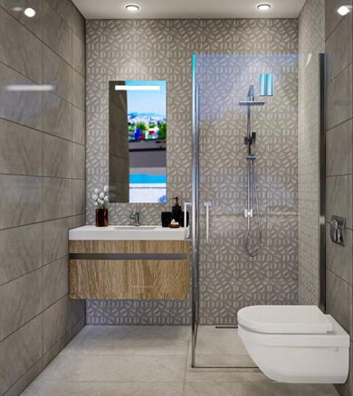 Modern 1-bedroom garden apartment in Spectra Project Lapta featuring stylish interior design, open-plan kitchen, spacious living area, and scenic mountain and pool views in North Cyprus.