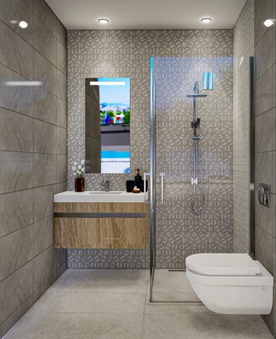 Modern 1-bedroom garden apartment in Spectra Project Lapta featuring stylish interior design, open-plan kitchen, spacious living area, and scenic mountain and pool views in North Cyprus.