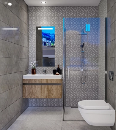 Modern 1-bedroom garden apartment in Spectra Project Lapta featuring stylish interior design, open-plan kitchen, spacious living area, and scenic mountain and pool views in North Cyprus.