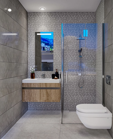 1_1+1 apart 4.jpg4 Modern 1-bedroom garden apartment in Spectra Project Lapta featuring stylish interior design, open-plan kitchen, spacious living area, and scenic mountain and pool views in North Cyprus.