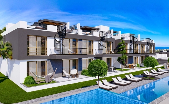 Modern 1-bedroom garden apartment in Spectra Project Lapta featuring stylish interior design, open-plan kitchen, spacious living area, and scenic mountain and pool views in North Cyprus.