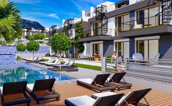 Modern 1-bedroom garden apartment in Spectra Project Lapta featuring stylish interior design, open-plan kitchen, spacious living area, and scenic mountain and pool views in North Cyprus.