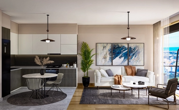 Modern 1-bedroom garden apartment in Spectra Project Lapta featuring stylish interior design, open-plan kitchen, spacious living area, and scenic mountain and pool views in North Cyprus.