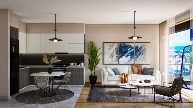 1_1+1 apart 9.jpg9 Modern 1-bedroom garden apartment in Spectra Project Lapta featuring stylish interior design, open-plan kitchen, spacious living area, and scenic mountain and pool views in North Cyprus.