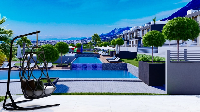1_1+1 sarı 1.kat.jpg1 Modern 1-bedroom garden apartment in Spectra Project Lapta featuring stylish interior design, open-plan kitchen, spacious living area, and scenic mountain and pool views in North Cyprus.