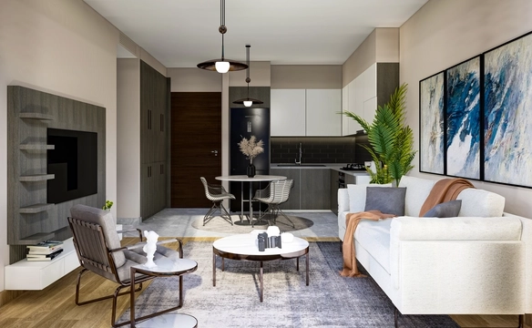 Modern 1-bedroom garden apartment in Spectra Project Lapta featuring stylish interior design, open-plan kitchen, spacious living area, and scenic mountain and pool views in North Cyprus.