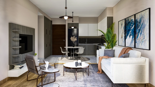 1_1+1.jpg1 Modern 1-bedroom garden apartment in Spectra Project Lapta featuring stylish interior design, open-plan kitchen, spacious living area, and scenic mountain and pool views in North Cyprus.