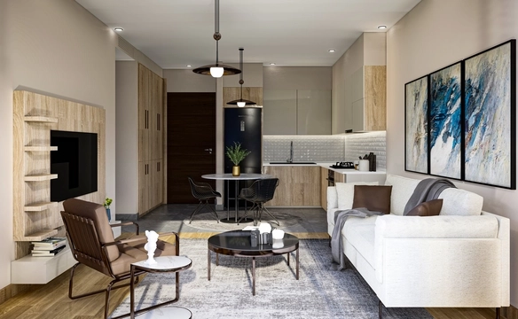 Modern 1-bedroom garden apartment in Spectra Project Lapta featuring stylish interior design, open-plan kitchen, spacious living area, and scenic mountain and pool views in North Cyprus.