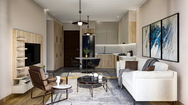 Modern 1-bedroom garden apartment in Spectra Project Lapta featuring stylish interior design, open-plan kitchen, spacious living area, and scenic mountain and pool views in North Cyprus.