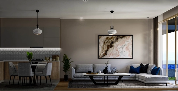 Modern townhouse Project in Lapta Kyrenia featuring stylish interior design, open-plan kitchen, spacious living area, and scenic mountain and pool views in North Cyprus.