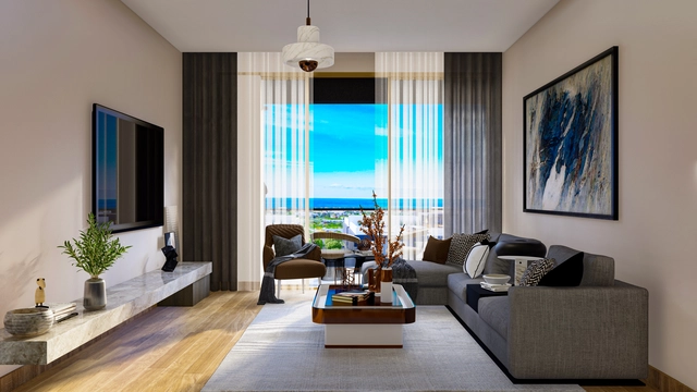 1_2+1 apart 1.jpg1 Modern 2-bedroom penthouse apartment in Spectra Project Lapta featuring stylish interior design, open-plan kitchen, spacious living area, and scenic mountain and pool views in North Cyprus.