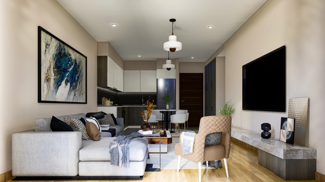 1_2+1 apart 8.jpg8 Modern 2-bedroom penthouse apartment in Spectra Project Lapta featuring stylish interior design, open-plan kitchen, spacious living area, and scenic mountain and pool views in North Cyprus.