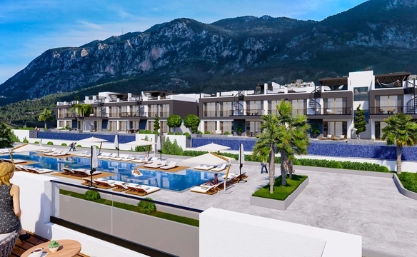 Modern townhouse Project in Lapta Kyrenia featuring stylish interior design, open-plan kitchen, spacious living area, and scenic mountain and pool views in North Cyprus.