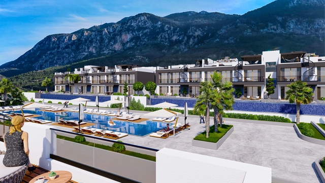 1_2+1 ve 3+1 havuzlu 4.jpg4 Modern townhouse Project in Lapta Kyrenia featuring stylish interior design, open-plan kitchen, spacious living area, and scenic mountain and pool views in North Cyprus.