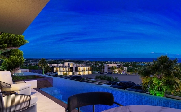 Modern townhouse Project in Lapta Kyrenia featuring stylish interior design, open-plan kitchen, spacious living area, and scenic mountain and pool views in North Cyprus.