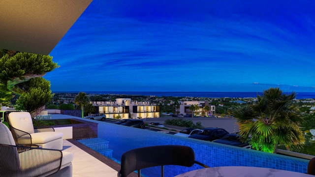 Modern townhouse Project in Lapta Kyrenia featuring stylish interior design, open-plan kitchen, spacious living area, and scenic mountain and pool views in North Cyprus.