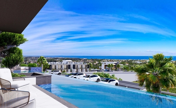 Modern townhouse Project in Lapta Kyrenia featuring stylish interior design, open-plan kitchen, spacious living area, and scenic mountain and pool views in North Cyprus.