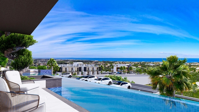 Modern townhouse Project in Lapta Kyrenia featuring stylish interior design, open-plan kitchen, spacious living area, and scenic mountain and pool views in North Cyprus.