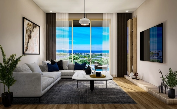 Modern townhouse Project in Lapta Kyrenia featuring stylish interior design, open-plan kitchen, spacious living area, and scenic mountain and pool views in North Cyprus.