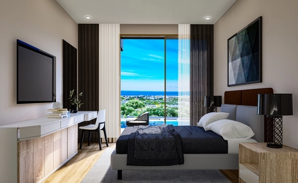Modern townhouse Project in Lapta Kyrenia featuring stylish interior design, open-plan kitchen, spacious living area, and scenic mountain and pool views in North Cyprus.