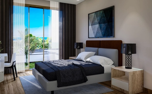 Modern townhouse Project in Lapta Kyrenia featuring stylish interior design, open-plan kitchen, spacious living area, and scenic mountain and pool views in North Cyprus.