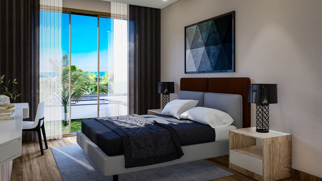 Modern townhouse Project in Lapta Kyrenia featuring stylish interior design, open-plan kitchen, spacious living area, and scenic mountain and pool views in North Cyprus.