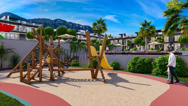 Modern 1-bedroom garden apartment in Spectra Project Lapta featuring stylish interior design, open-plan kitchen, spacious living area, and scenic mountain and pool views in North Cyprus.